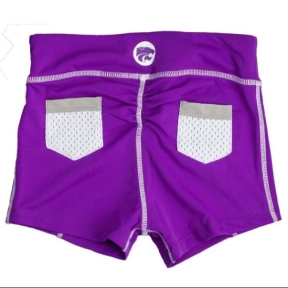 NWT KANSAS STATE UNIVERSITY PATCH POCKET PURPLE RUCHED YOGA SHORTS‎ - Picture 2 of 3